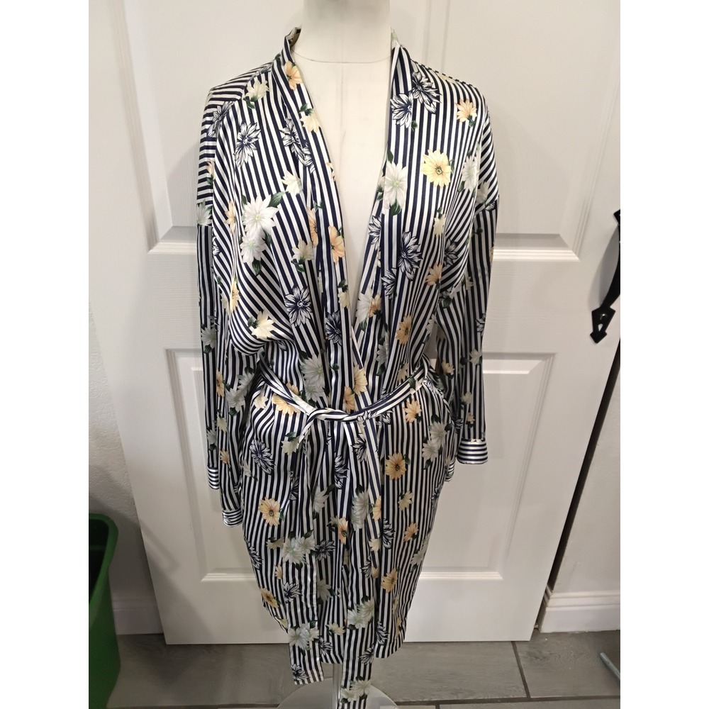 Maidenform Womens Robe Kimono Floral Stripe Navy Blue White Yellow S M L XL